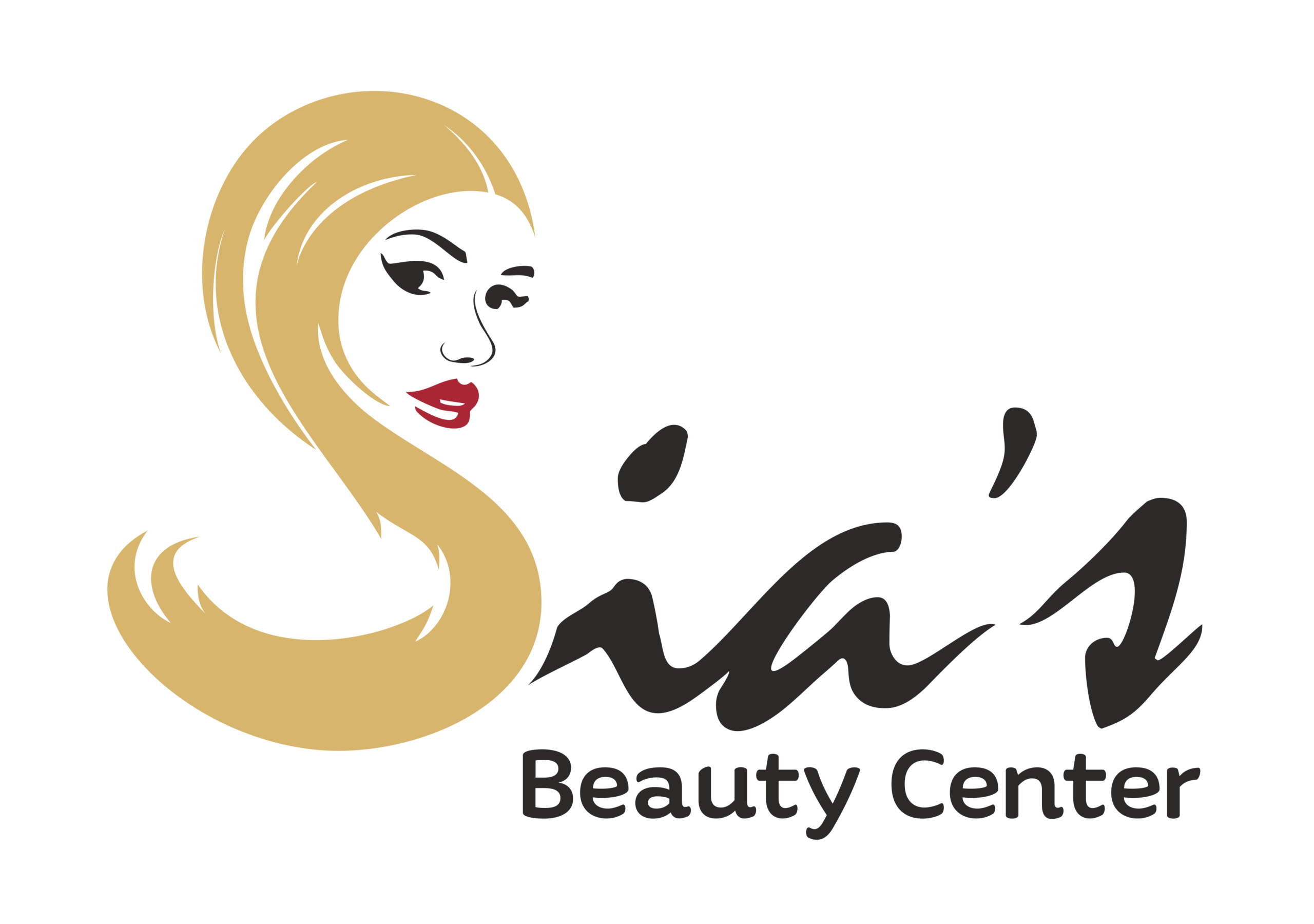 logo elegant al Sia's Beauty Center, cu silueta stilizata a unei femei cu par lung blond, buze rosii si text negru cu accente aurii, design modern si feminin pentru salonul de infrumusetare din Iasi, Lunca Cetatuii