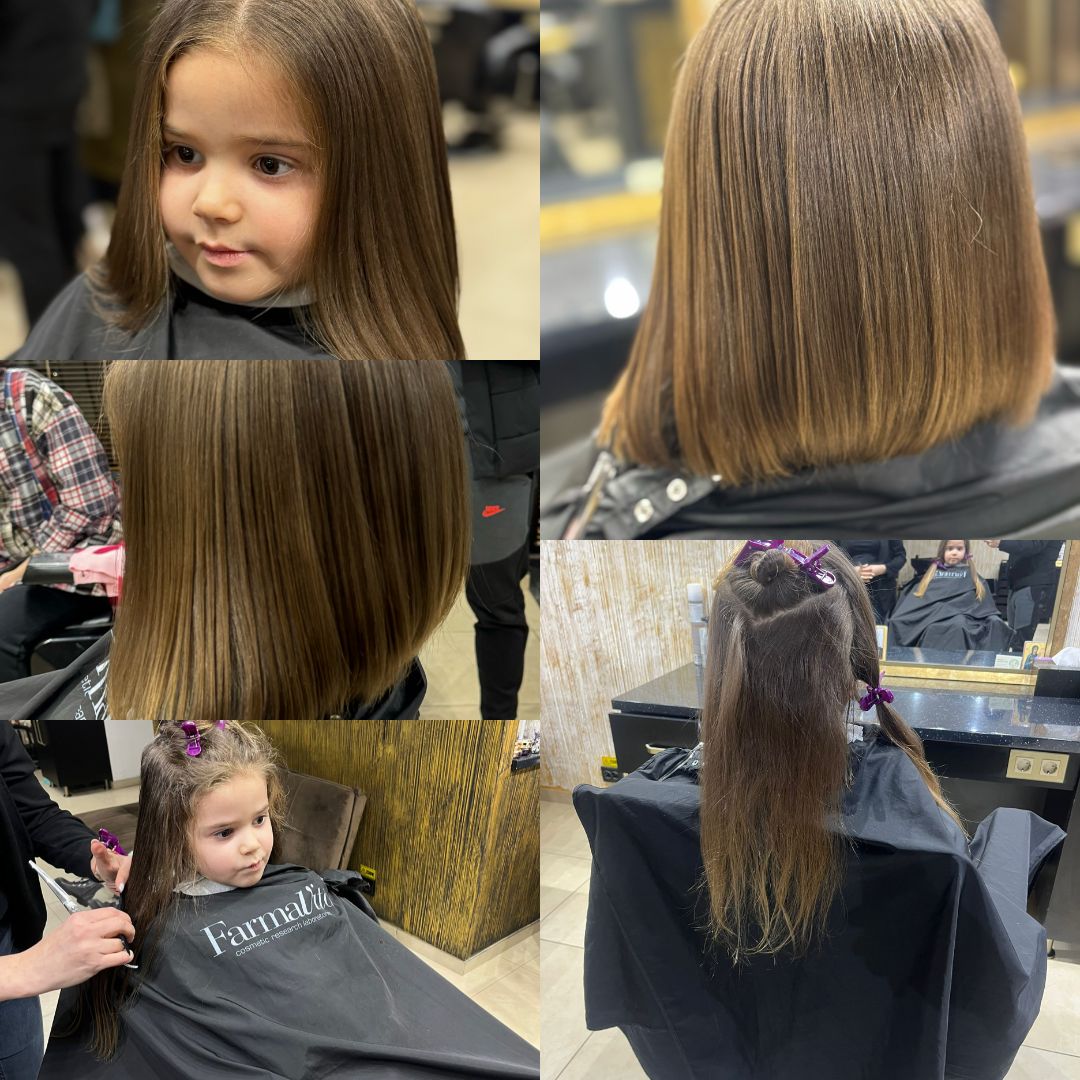 Colaj din cinci fotografii care surprinde intreaga transformare a unei fetite la Sia's Beauty din Lunca Cetatuii. Imaginile prezinta parul lung inainte de tuns, procesul de tuns cu foarfeca, detaliul parului drept si stralucitor, si rezultatul final – o tunsoare bob eleganta, dreapta si bine conturata, vazuta atat din fata cat si din spate. Fetita poarta un halat negru FarmaVita de protectie. Colajul ilustreaza profesionalismul echipei de la frizerie copii Iasi, Sia's Beauty.
